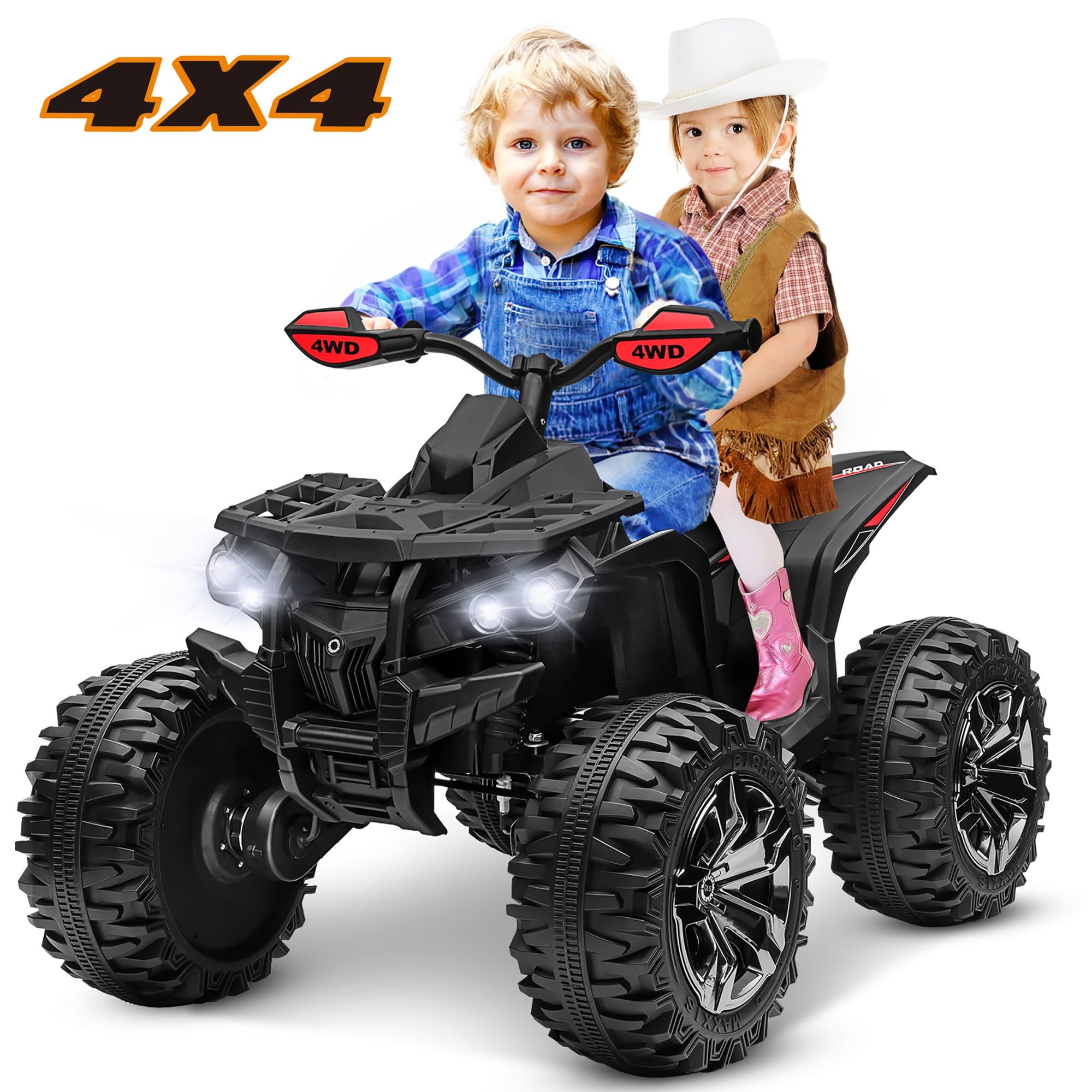 800W Dirt Quad w/ Remote Control - 24V Powered Ride on ATV, Electric Powerful 4-Wheeler for Big Kids, Up to 5.5 mph, Knee Pads, Black