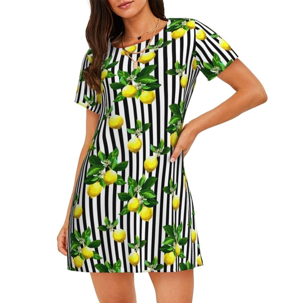 Disketp Lemons on Striped para Camisón Corto de Manga Corta para Mujeres, Camisón Cómodo con Escote Redondo, Bonito y Confortable