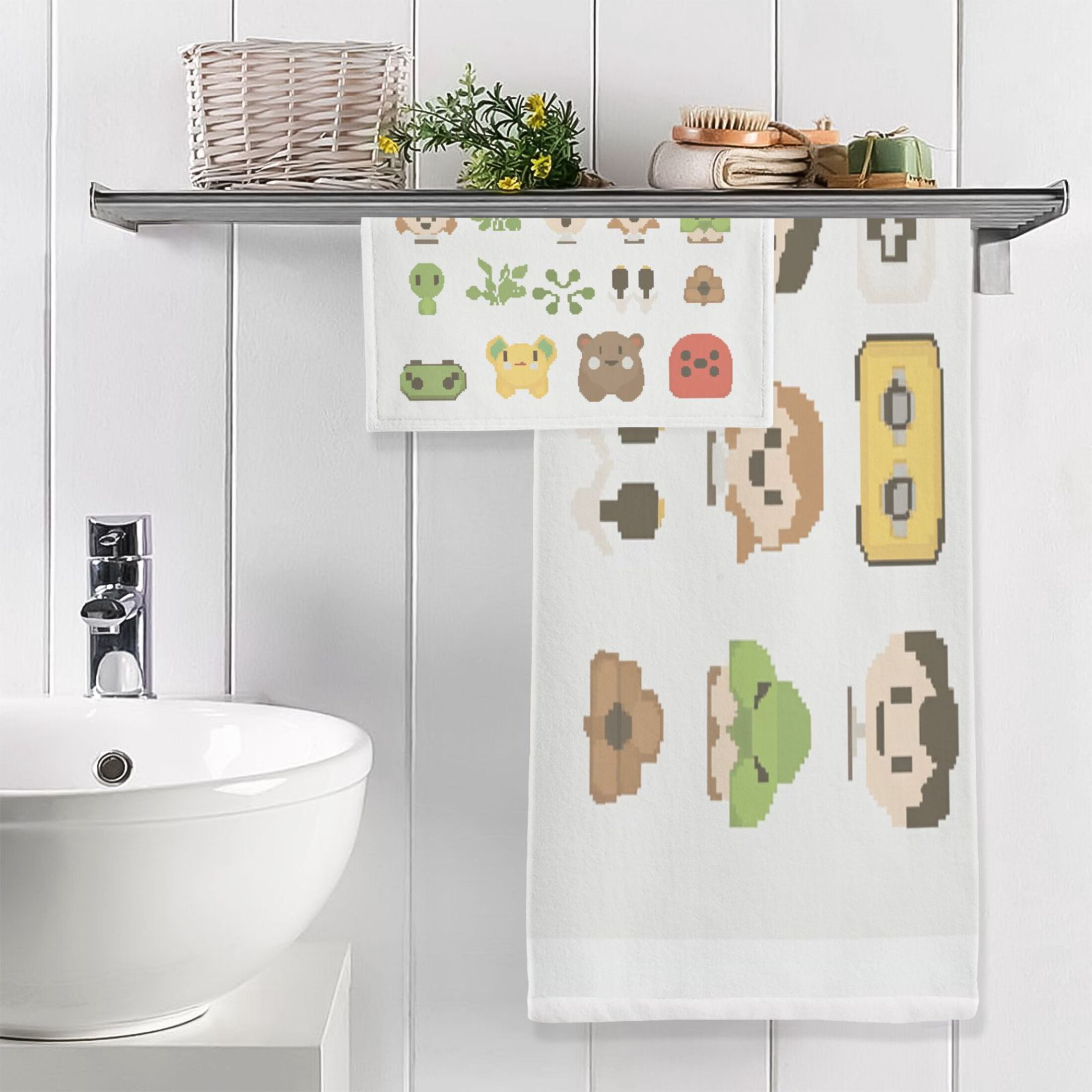 Retro Video Game Scene 2 Piece Cotton Bath and Face Towel Set Soft and Absorbent, for Beach Pool Bathroom