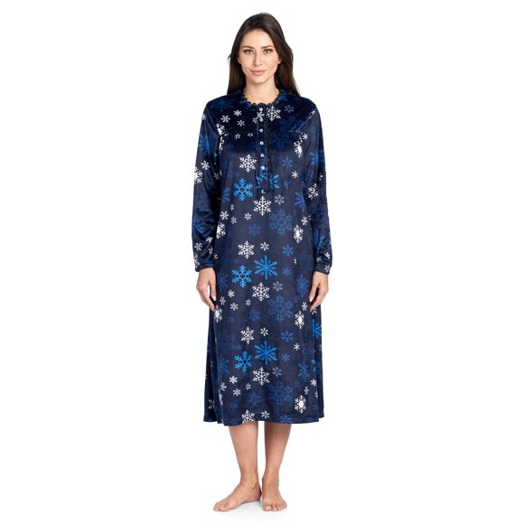 Ashford & Brooks Women's Mink Fleece Long Sleeve Nightgown - Navy Frozen Snowflake - 2X