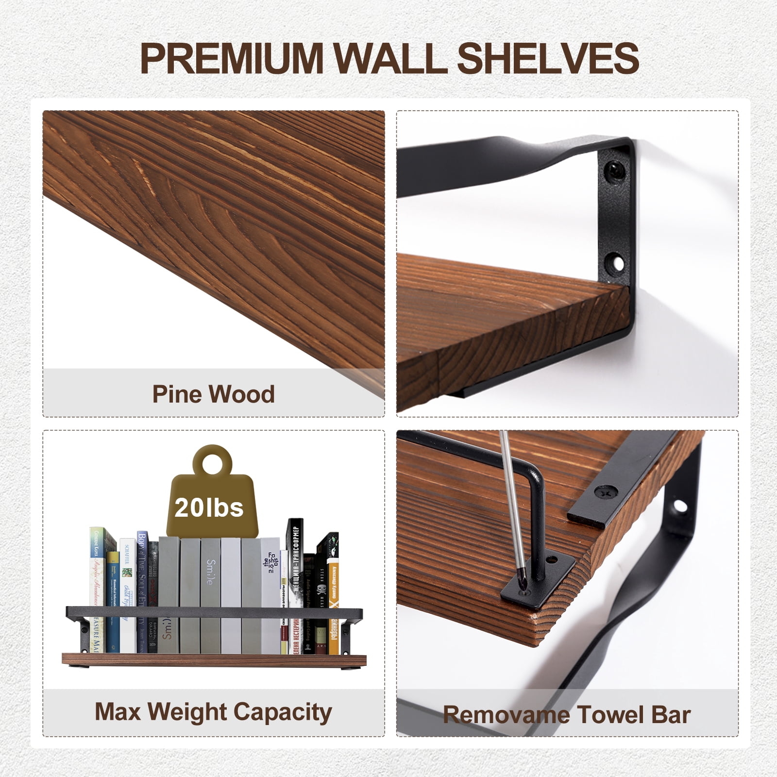 Uten Wall Mounted Floating Shelves Set of 2, Solid Wood Storage Shelves on Metal Frame and Towel Bar for Bathroom, Kitchen, Bedroom, Decorative & Space Saving