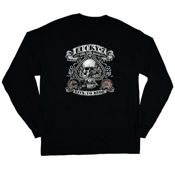 Lucky 7 Biker Skull Decal T-shirt Men's Long Sleeve Tee Black