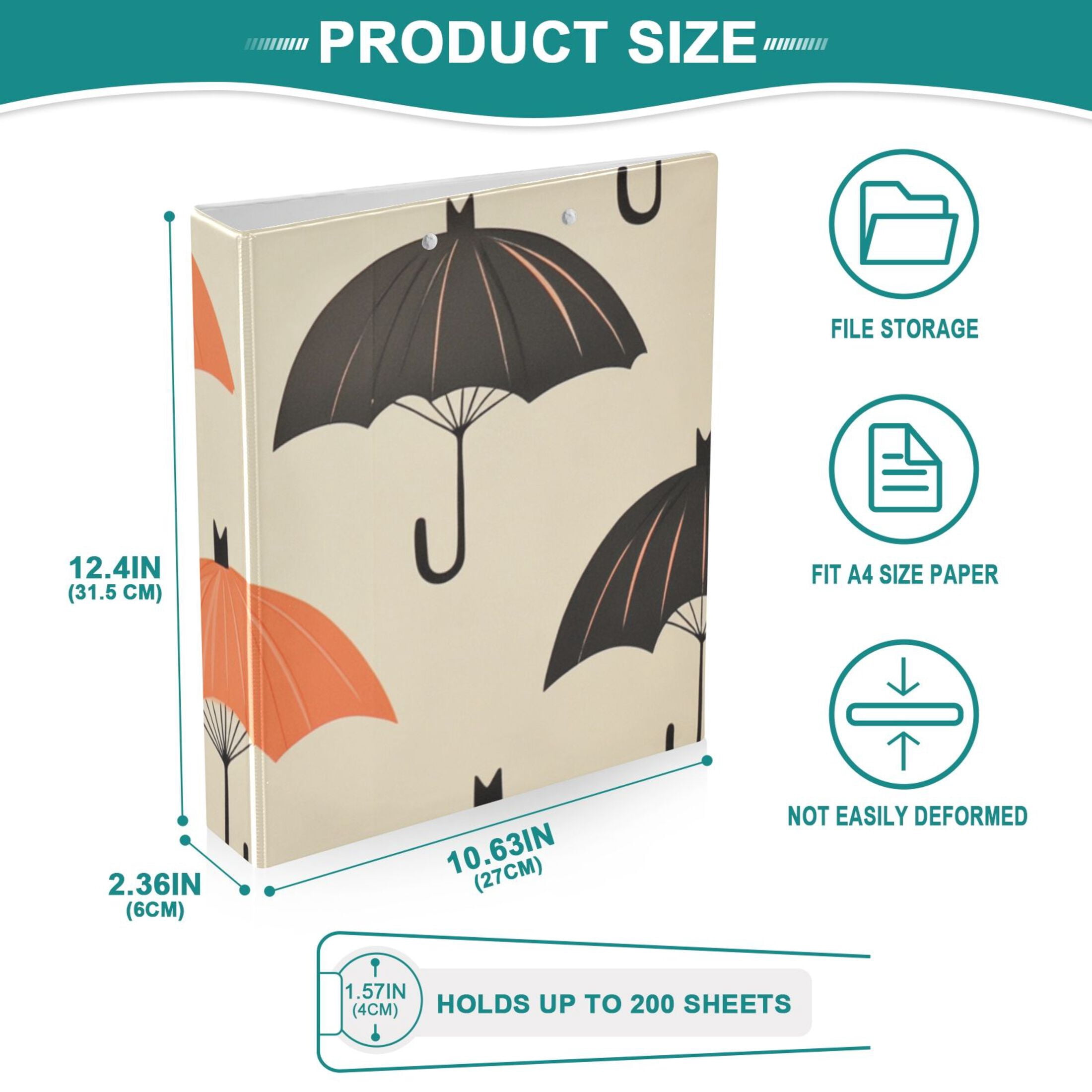 Black Orange Umbrellas 3 Ring Binders 1.5 inch Hardcover File Folders with Interior Pockets A4 Size Organizer for School Office Hospital