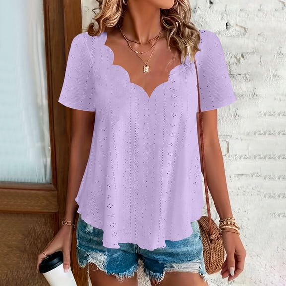 Roncen Women's Tank Tops Short Sleeve Lace V Neck Scalloped Shirts Dressy Casual Sleeveless Blouses Cute Eyelet Tunics