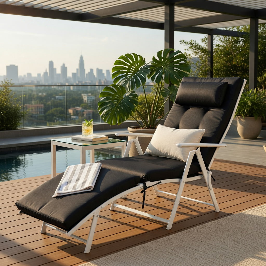 Hommoo Adjustable Folding Chaise Lounge Chair for Outdoor Use, Lightweight Steel Frame, Removable Pillow & Cushion, 7-Position Ergonomic Backrest, Black