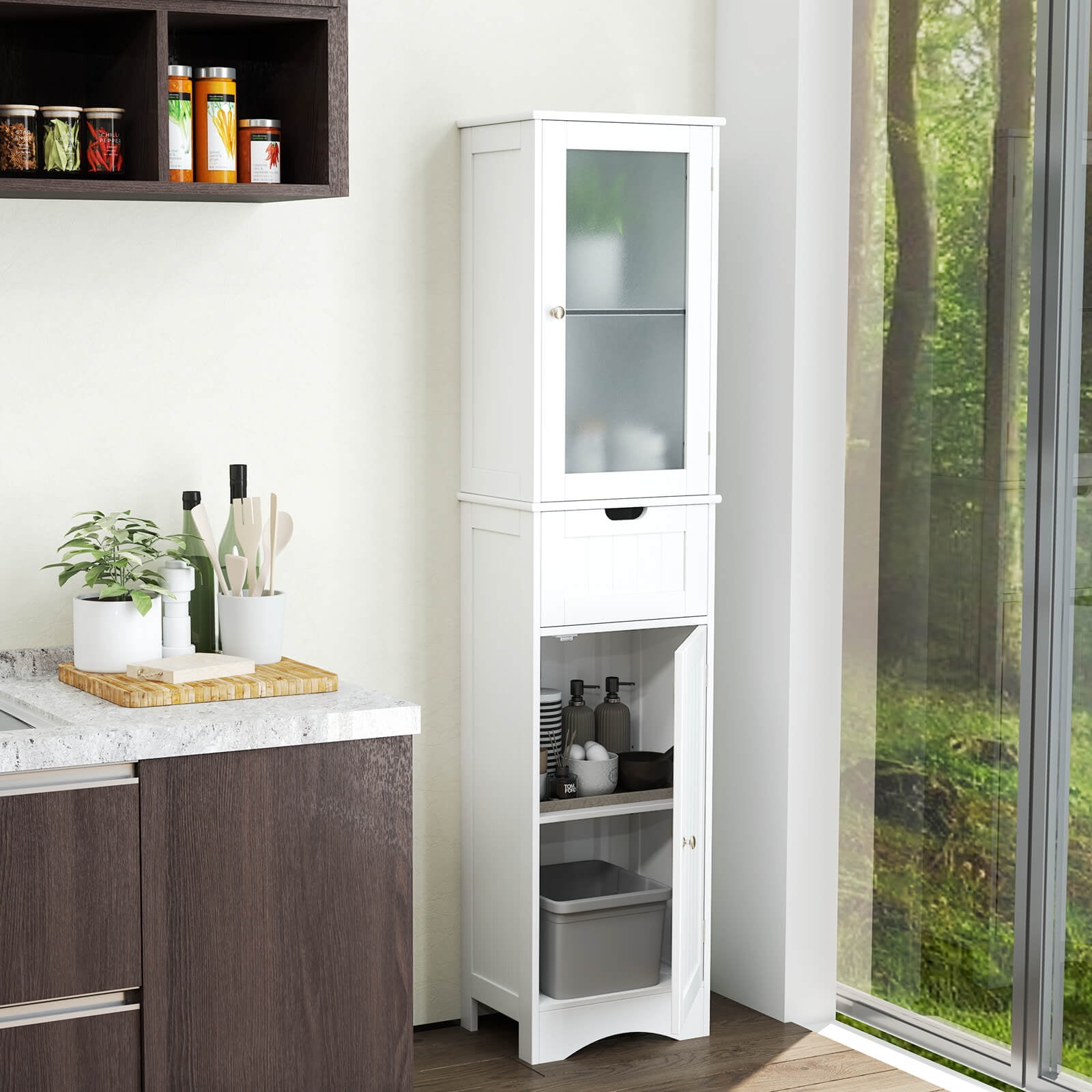 Costway 67" Tall Slim Bathroom Cabinet with 2 Adjustable Shelves 2 Doors and 1 Drawer White
