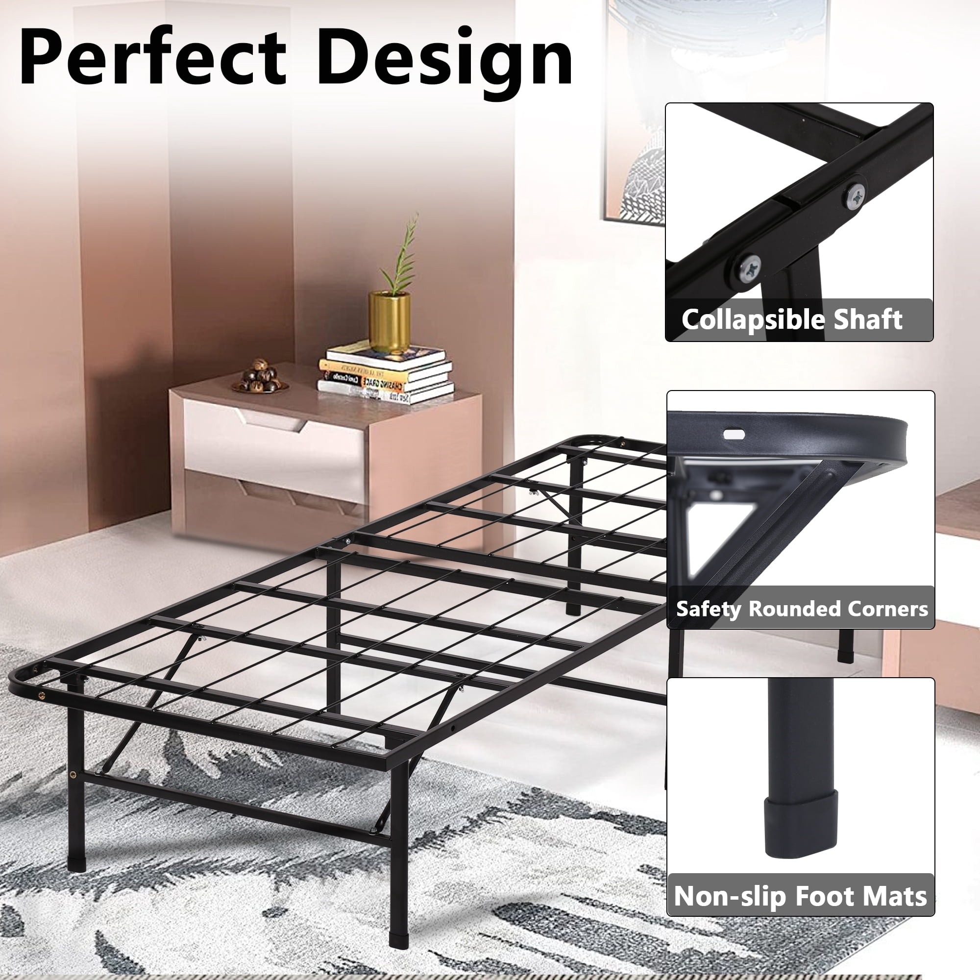 YRLLENSDAN Foldable Bed Frame Twin Bed Frames Twin Platform Bed Frame Twin Metal Bed Frame with Storage Noise Free 500LBS Capacity
