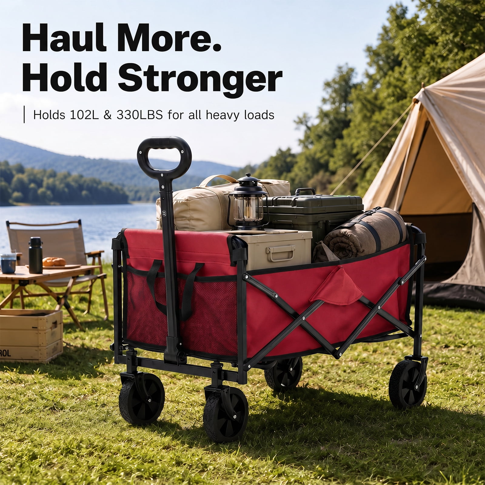 Alvantor Wagons Carts Foldable, 102L 330LBS Capacity Heavy Duty Collapsible Cart with All-Terrain Wheels for Camping Beach Shopping Garden