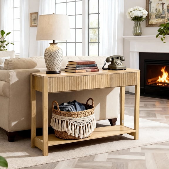 VEVOR 47 in Console Table, Farmhouse Desk Behind the Couch with Drawers and Bottom Storage Shelf, Wooden Rectangle Entrance Narrow Sofa Table for Hallway, Bedroom, Living Room, Foyer, Burlywood