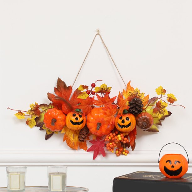 Uuiauoio Harvest Halloween Wreath with Pumpkin and Maple Leaf, Autumn Festival Door Hanging for Indoor Outdoor Decor, Thanksgiving and Halloween Party Decoration