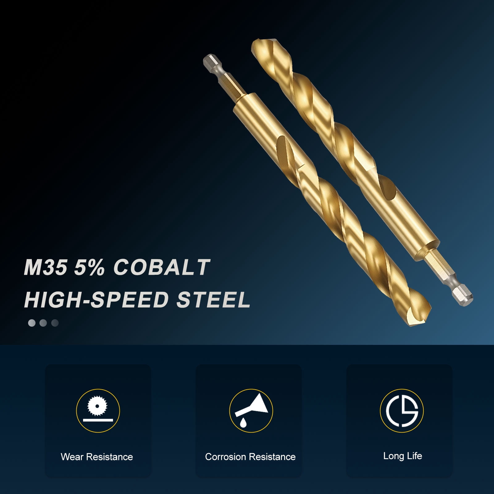 Uxcell 1/2" Hex Shank Drill Bit, M35 Cobalt 5% High-Speed Steel Bits Quick Change Design for Impact Driver 135° Titanium for Stainless Steel Hard Metal - 2 Pack