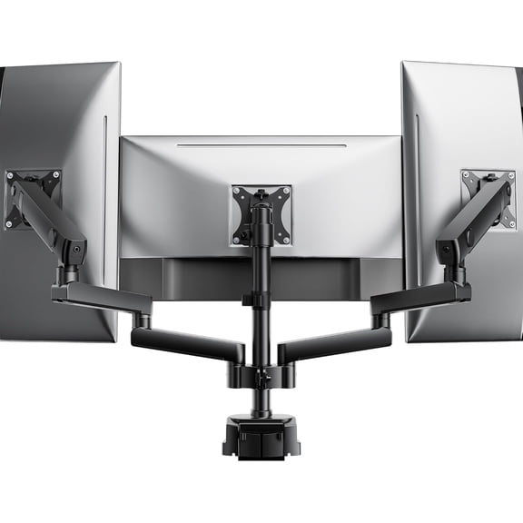 monTEK Triple Monitor Mount for 17"–27" Screens, 3 Monitor Desk Mount with Full Motion Arms, Holds up to 19.8 lb Each, VESA Compatible with C-Clamp/Grommet Base, Black