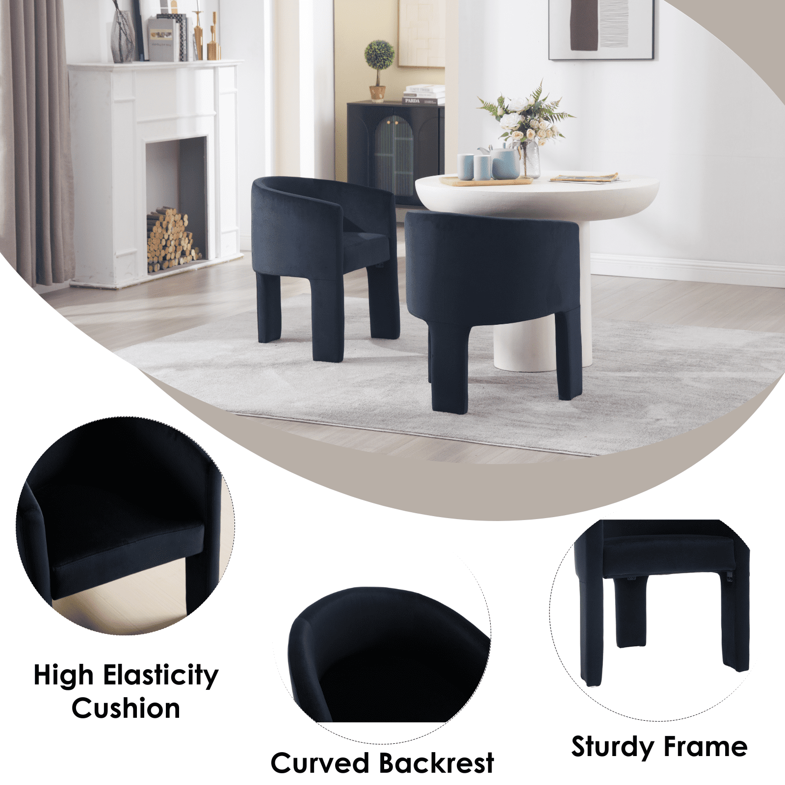Guyou Modern Boucle Dining Chairs, Barrel Velvet Side Chair with Curved Backrest and Arms, Comfy Dressing Vanity Chairs, Upholstered Kitchen Chairs for Living Room Bedroom Dining Room, Black