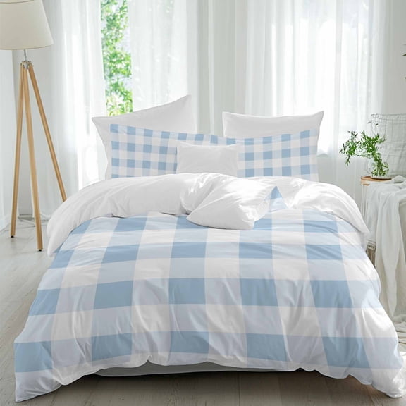 3 Piece Blue Checkered Duvet Cover Set California King, Microfiber Comforter/Quilt Cover with Corner Ties and 2 Pillowcases, Blue White Buffalo Plaid All Season Soft Bedding with Zipper Closure