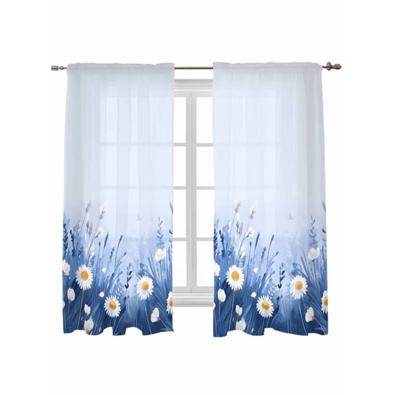 Spring Daisy Blue Curtains 63 Inch Length,Sheer Curtains for Bedroom Living Room Window Pastoral Botanical White Floral Leaf Rod Pocket Drapes Kitchen Curtains Small Half Window 42"x63" 2 Panels