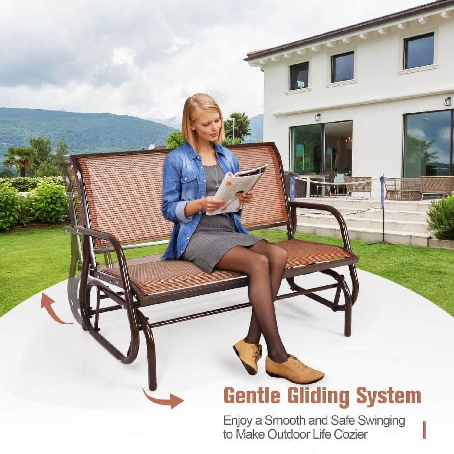 Aimee Lii Double Chair Outdoor, Patio Glider Bench, Porch, Backyard, Sturdy, Brown Aimee Lii Double Chair Outdoor, Patio Glider Bench, Porch, Backyard, Sturdy, Brown