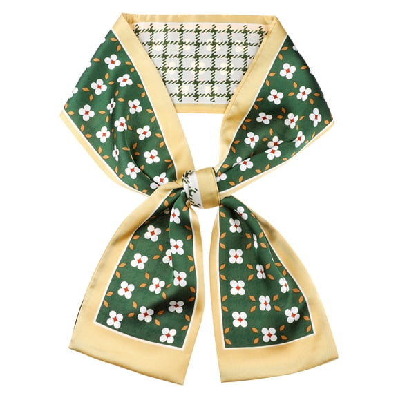 INSPIRE CHIC Women Fashion Printed Skinny Long Scarves, Retro Satin Silky Neckerchief Ribbon Headband Headscarf 57.1x5.9" Green Flower