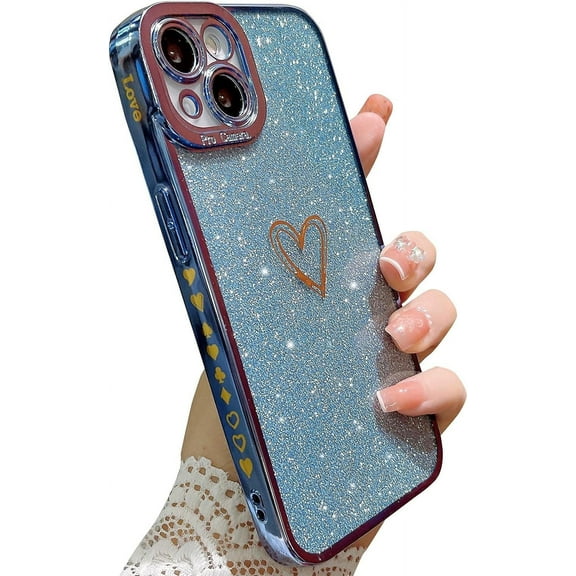 Compatible with iPhone 13 Glitter Plating Love Heart Case, Cute Luxury Electroplated Bling Sparkly Shiny Case for Women Girls Soft TPU Shockproof Camera Protective Back Cover - Light Blue