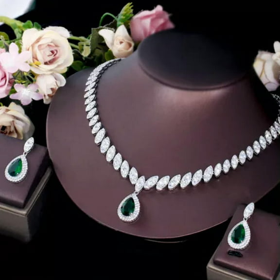 Luxury CZ Wedding Drop Necklace Earring Sets For Women Bridal Jewelry