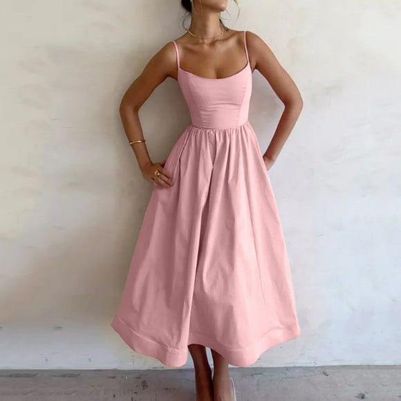 Women's Low Cut Spaghetti Strap Long Dress Casual Sleeveless Maxi Dresses Women (Pink M)