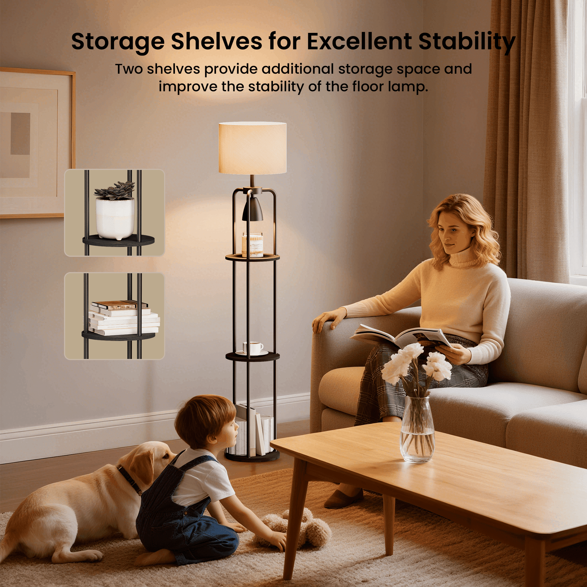 HadinEEon Floor Lamp with Candle Lamp Warmer, 2 in 1 Modern Floor Lamp with Shelves for Living Room Bedroom