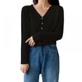 thumbnail image 3 of Women's Spring Autumn Cropped Cardigan Long Sleeve V-Neck Button Down Short Knitted Sweater Solid Color Shiny Jacket Casual Occasions Tops, 3 of 4