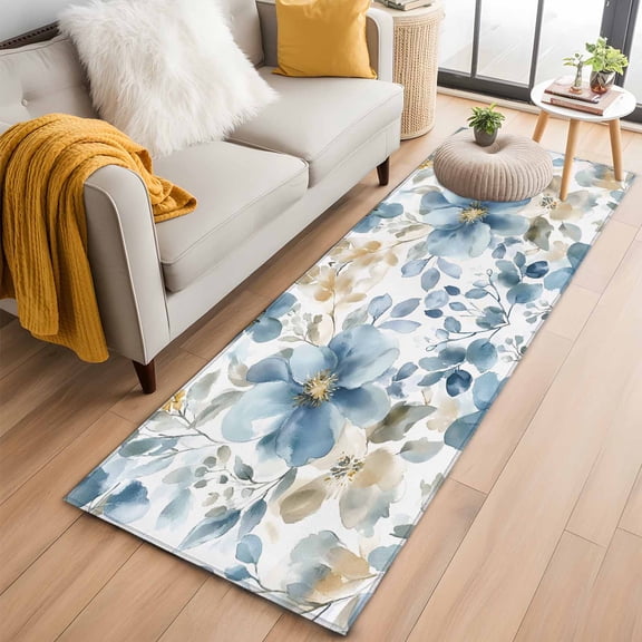 Blue Flower Runner Rug 2x6 FT,Non Slip Hallway Rugs,Sage Green Leaves Boho Spring Watercolor Washable Soft Floor Carpet Throw Runner Carpet Long Rugs for Entryway Kitchen Bedside Sliding Door