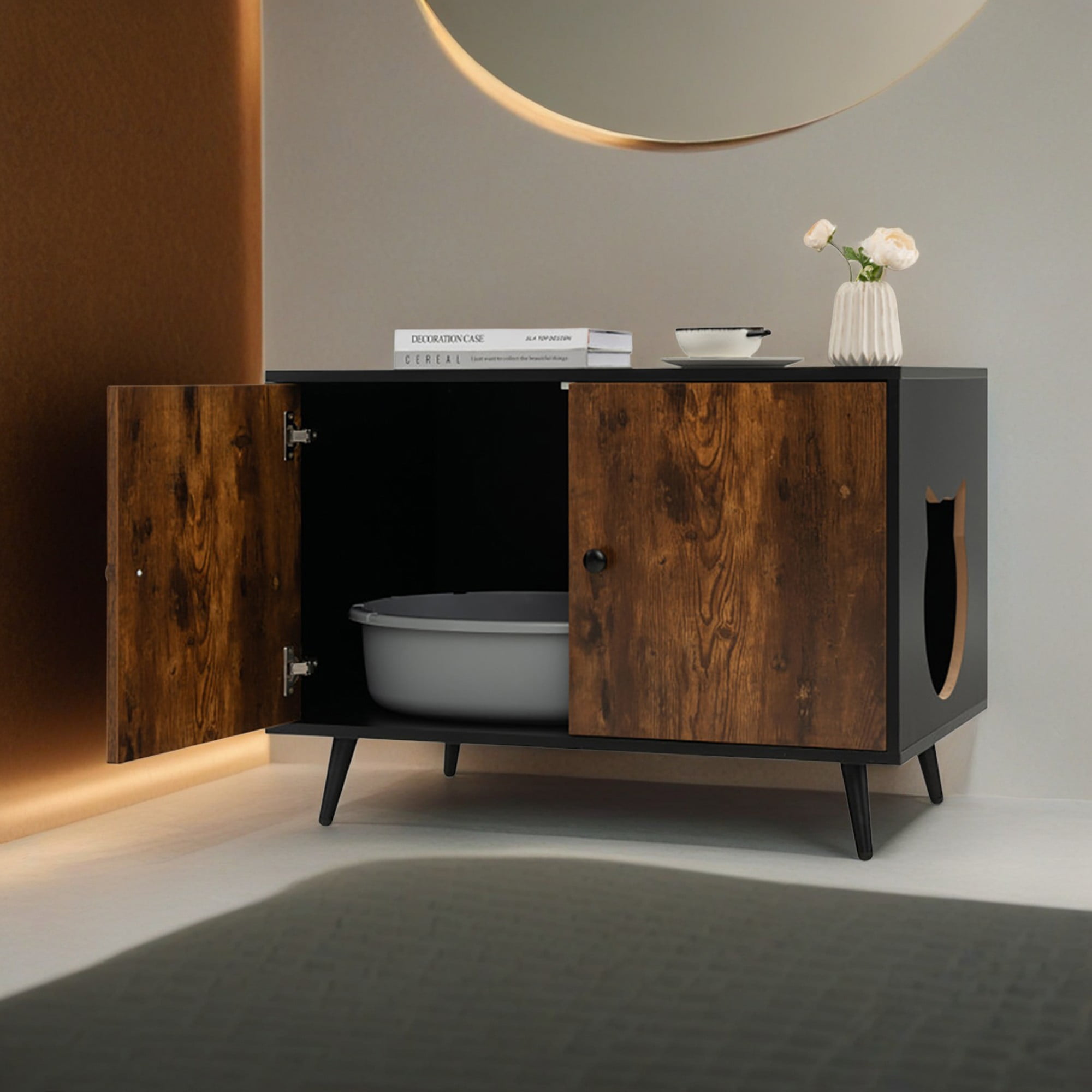 resenkos 31" Hidden Cat House Washroom Furniture, Wood Cat Litter Box Enclosure Cabinet with Divider and Cat-Shaped Entries, Black