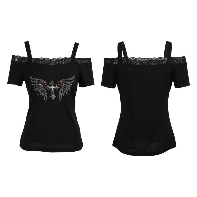 Womens Short Sleeve Off-Shoulder Lace Stitching T Shirt