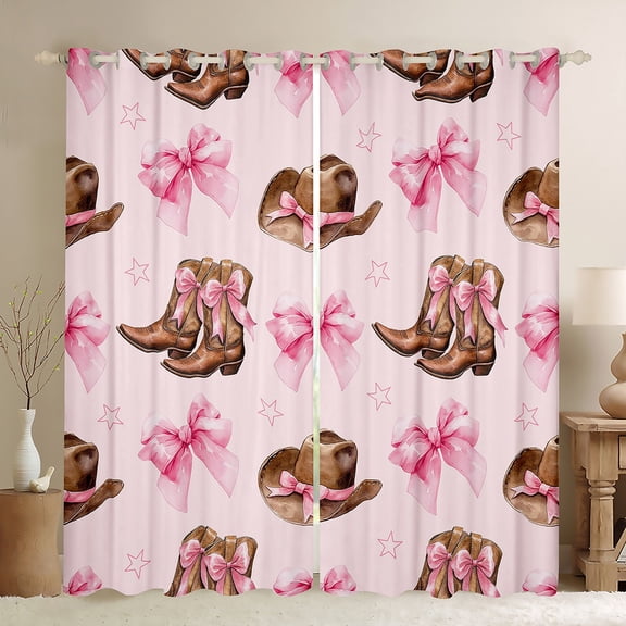 jejeloiu Southwest Cowgirl Boot Curtains Pack of 2 (42x84 Each),Pink Bowknot Bowtie Curtains Blackout,Rustic Farmhouse Cabin Bedroom Curtains,Super Cozy Room Decor