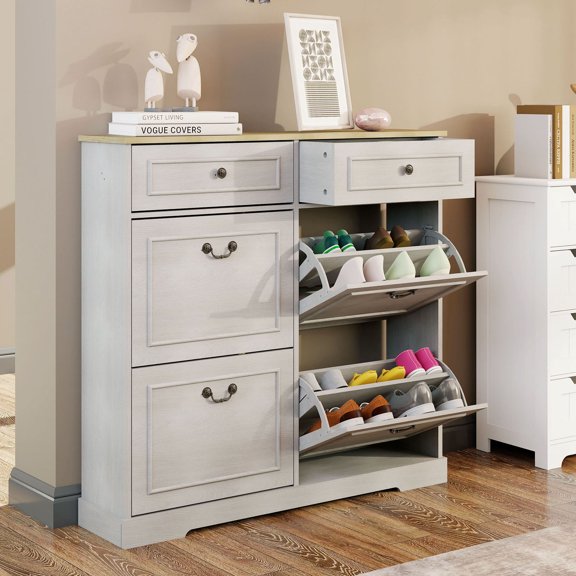 CQSXDA Antique White Freestanding Shoe Storage Cabinet with 4 Flip Drawers and 2 Drawers for Entryway Organization