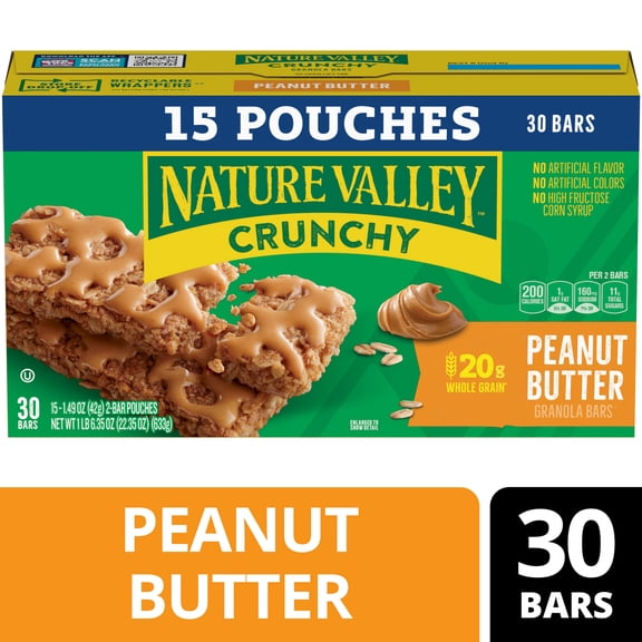 Nature Valley Crunchy Granola Bars, Peanut Butter, 30 Count, 22.35 oz (15 Pouches)