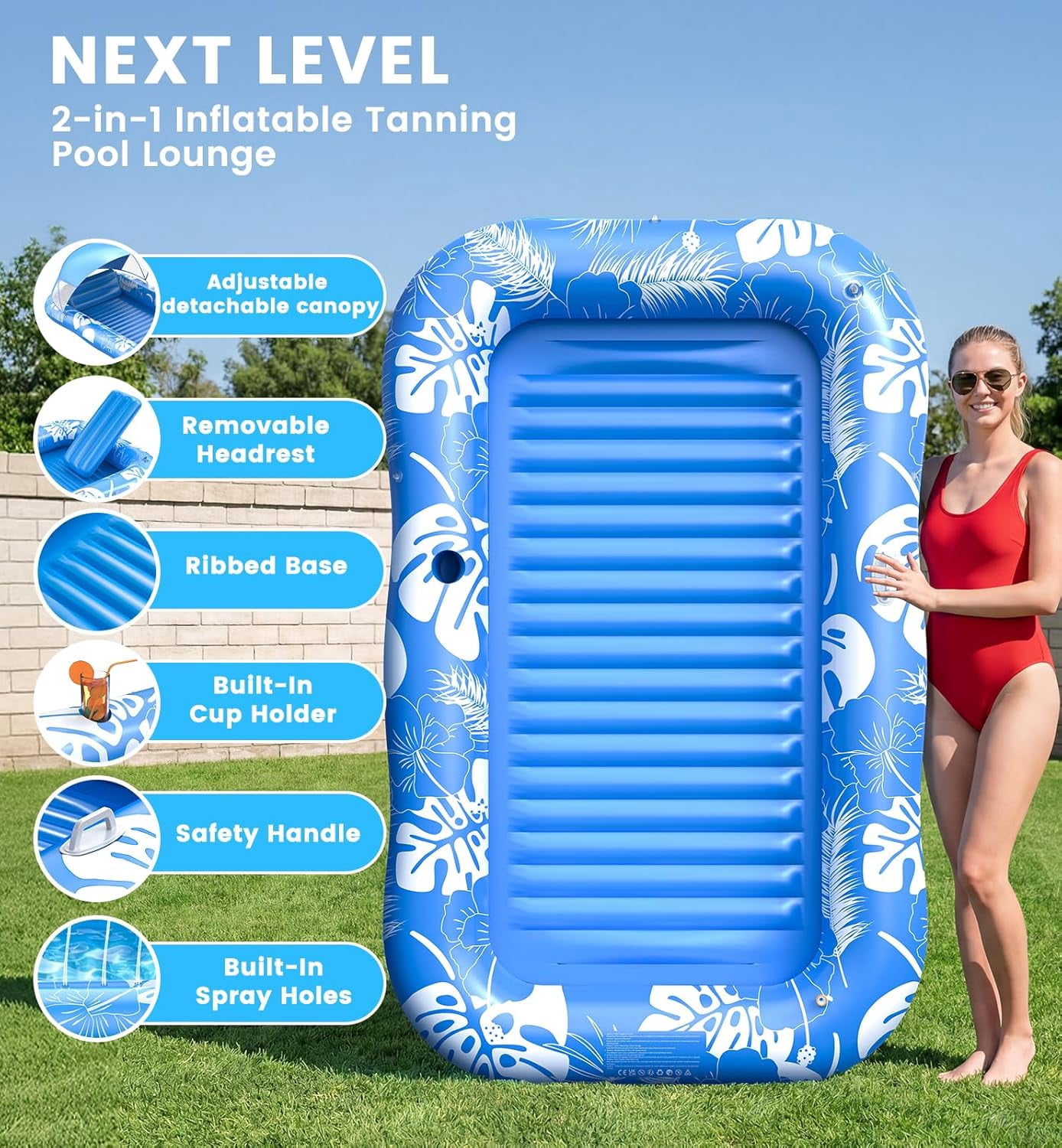 Inflatable Tanning Pool Lounger Float with Sprinkler & Canopy UPF50+, 77" x 48" Extra Large Tanning Pool Float for Adults, Sunbathing Water Lounge Bed with Pillow & Cup Holder for Backyard & Pool
