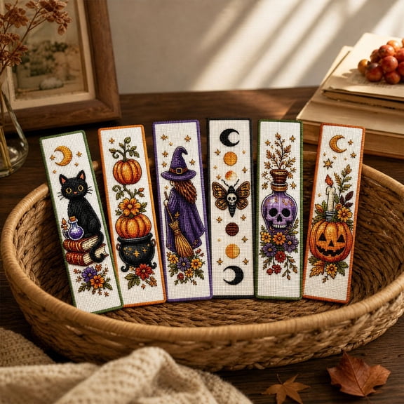 Halloween Cross Stitch Bookmark Kit Featuring Cute Spooky Cat, Pumpkin & Witch, Easy Diy Embroidery Supplies for Beginners, Perfect Halloween Gifts for Adults