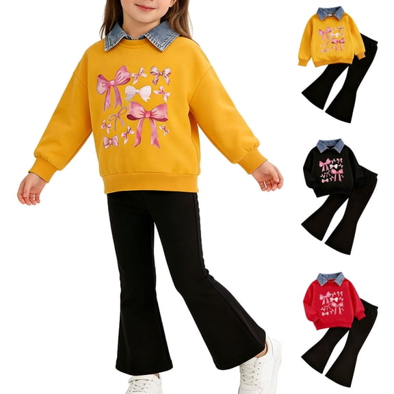 SGFCWSX Girls 2-Piece Outfit, Bow Print Sweatshirt and Flared Pants, Kids Trendy Daily Casual Clothing Set Yellow Size 6-7 Years