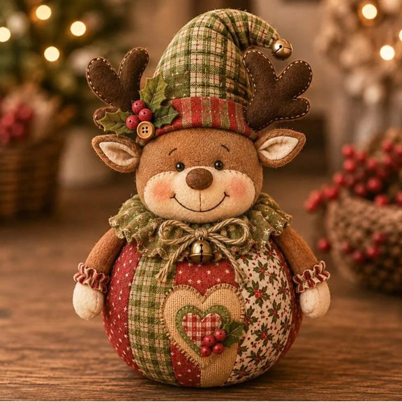 DIY Patchwork Fabric Character Doll Kit - Adorable Stuffed Doll Craft for Shelf Sitters & Holiday Stocking Stuffers (Reindeer)