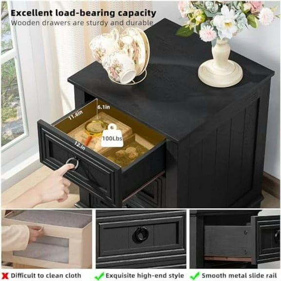 Farmhouse Nightstand, 18 Inch End Table with 3 Drawer Metal Handle, Dresser for Bedroom, Sofa Bed Side Table Chest of Drawers, Wood Night Stand Cabinet for Organizer, Living Room - Black