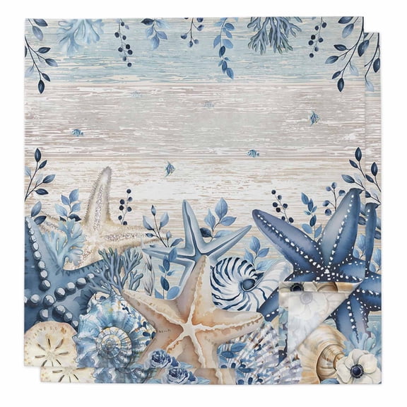 Blue Starfish Coastal Cloth Napkins, Eucalyptus Summer Nautical Shell Vintage Washable and Reusable Dinner Napkins Set of 2, Table Napkin for Kitchen Party Birthday Wedding Hotel Housewarming 20"x20"