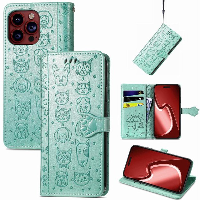 Funda Cartera FOXDOCK para iPhone 15 ProMax , Flip PU con Relieve de Gatos y Perros, Tarjetero y Soporte
