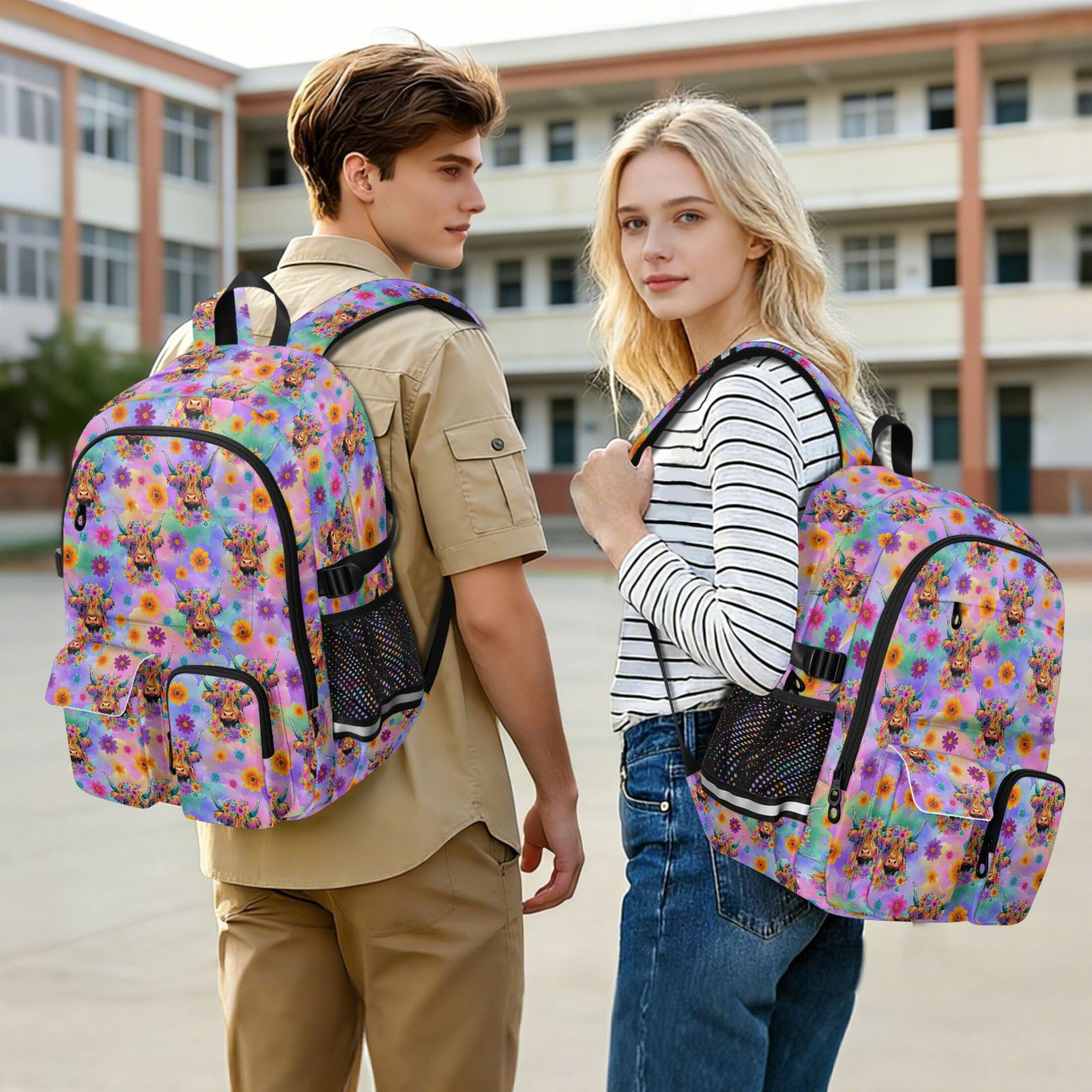 ALAZA Highland Cow Floral Gradient Print Student Backpack School Bookbag Large Laptop Daypack Travel Bag