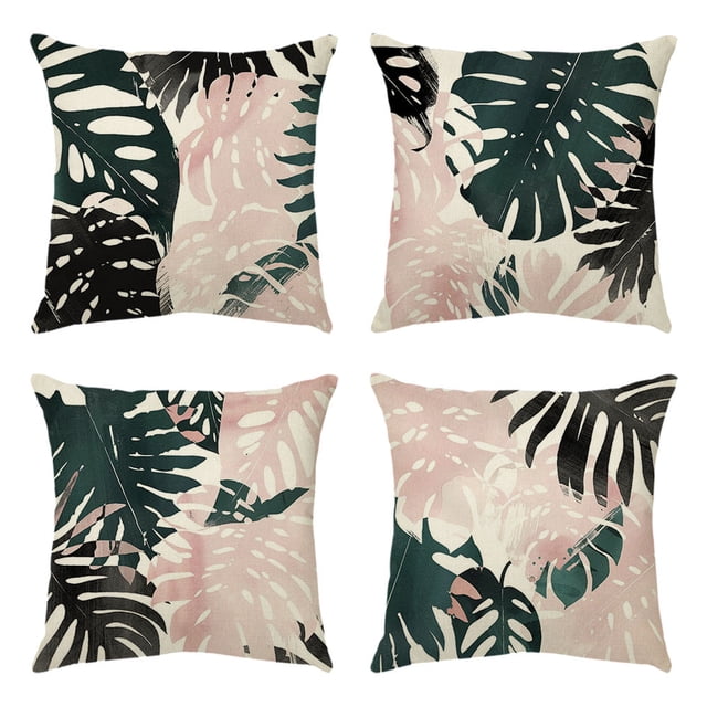 Juego de 4 fundas de cojín de hojas tropicales, cojín decorativo de lino