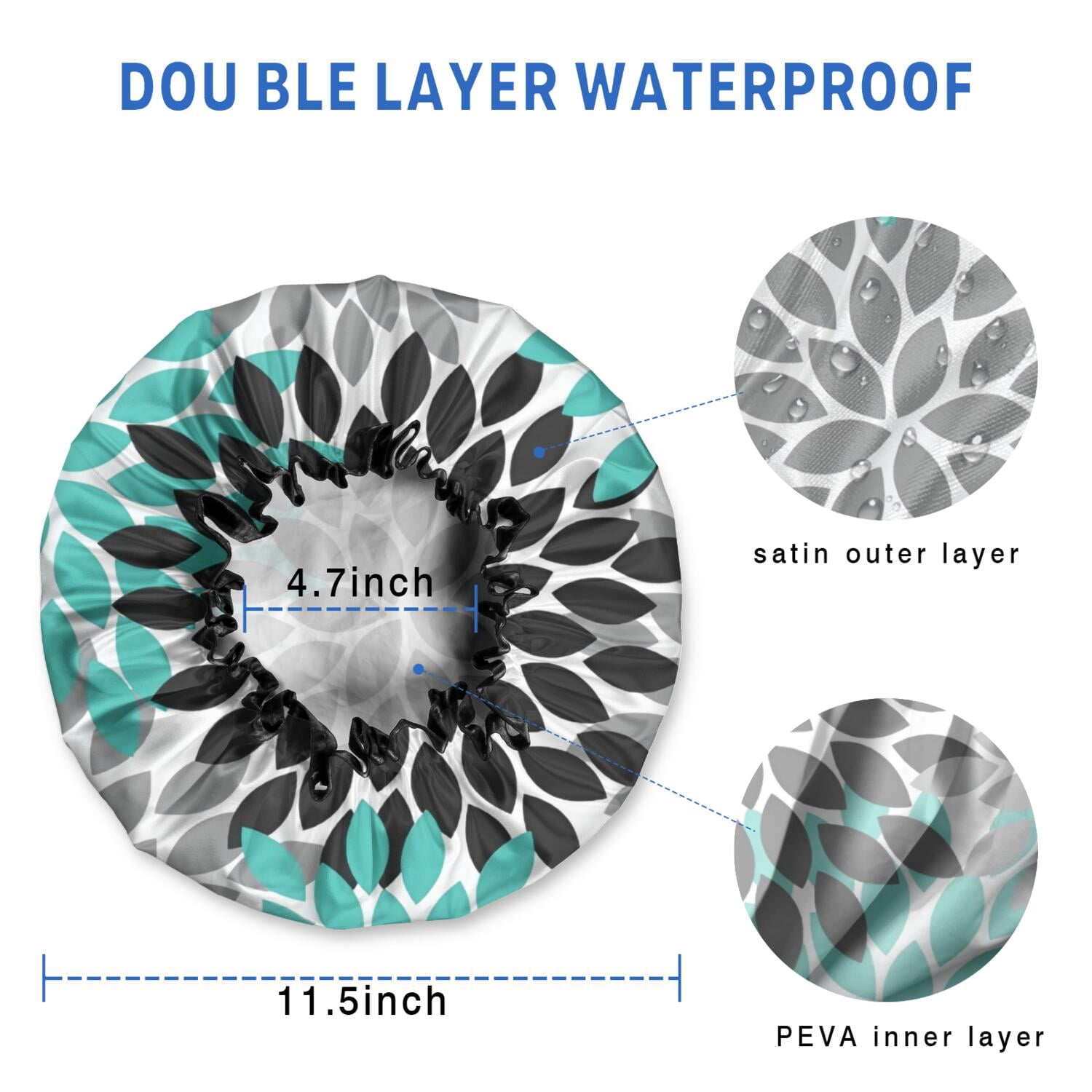 Shower Caps,Black Turquoise and Gray Floral Pattern Waterproof Shower Cap for Women 4 Pieces,Double Reusable Hair Cover for Shower PEVA Elastic Stretch Hem