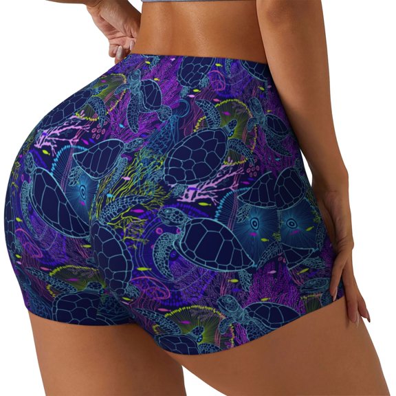 Gukieu Turtles Print Women's Sports Shorts, Elastic Waist High Stretch Running Yoga Gym Sweatpants-Small