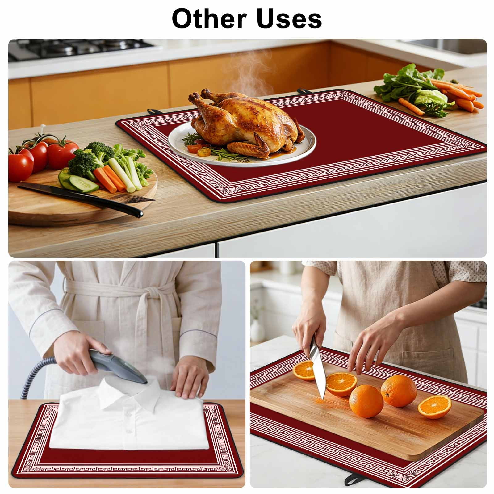 Red Geometric Stove Top Cover for Electric Stove, Heat-proof & Non Slip Glass Top Stove Cover Protector, Country Farm Traditional Chinese Tile Kitchen Flat Cooktop Rubber Mat 28.5x20.5 Inches