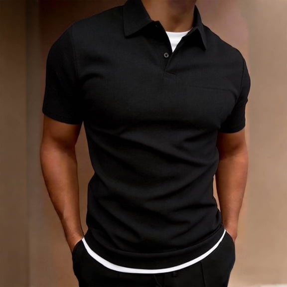 Aobny Button Up Mens T-Shirts Solid Loose Fit Tees Collared Big & Tall Polos Short Sleeve T Shirt,Black,L