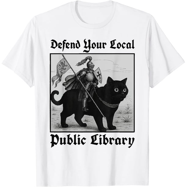 Camiseta divertida para caballero y gato de la biblioteca pública local