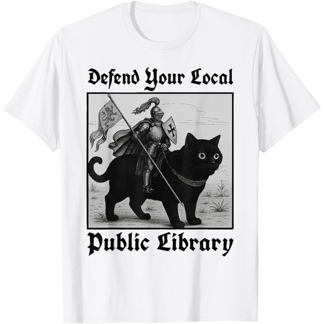 Camiseta divertida para caballero y gato de la biblioteca pública local