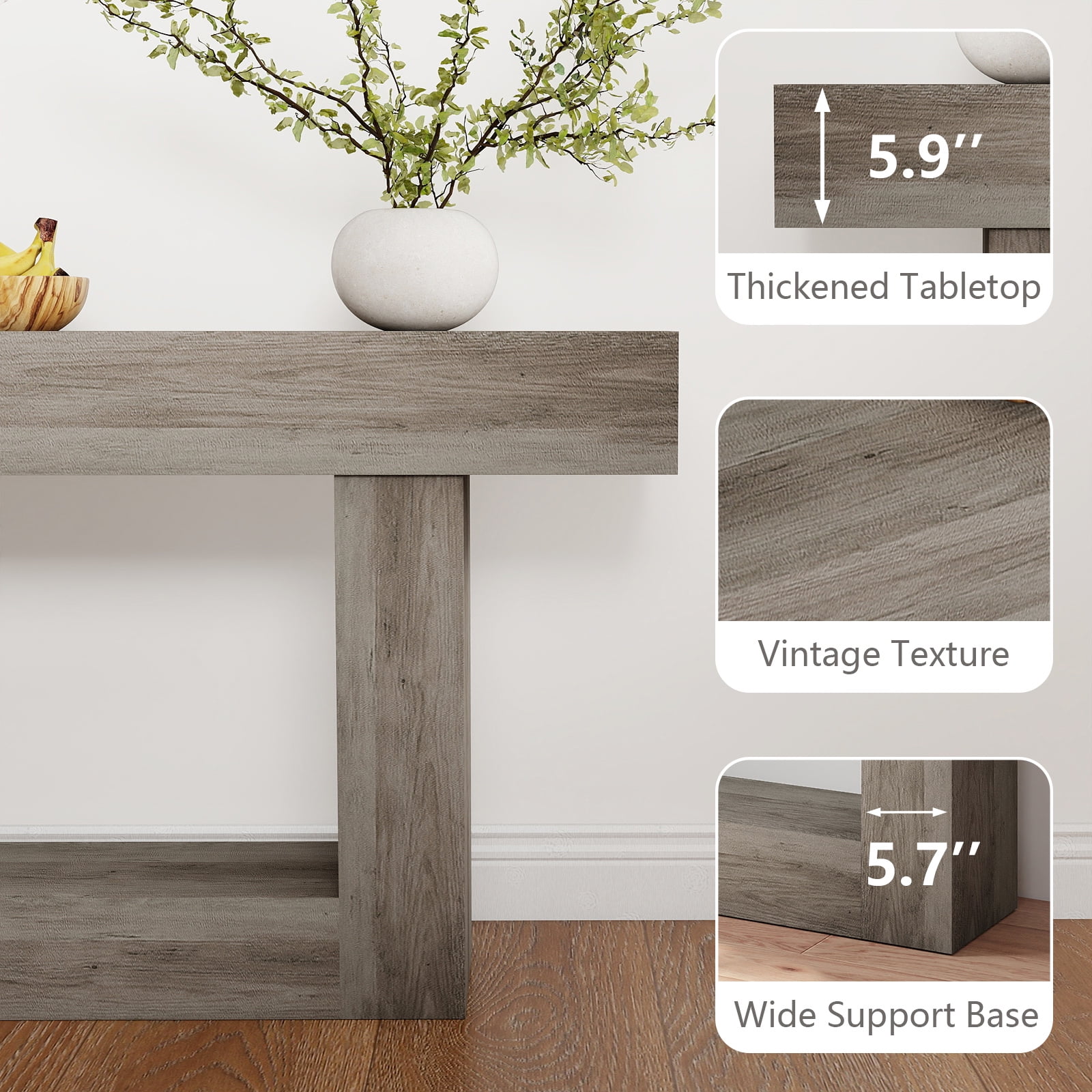 Demi Bonn 63" Wood Console Table, Farmhouse 2-Tier Sofa Table Entryway Table, Foyer Display Table, Gray