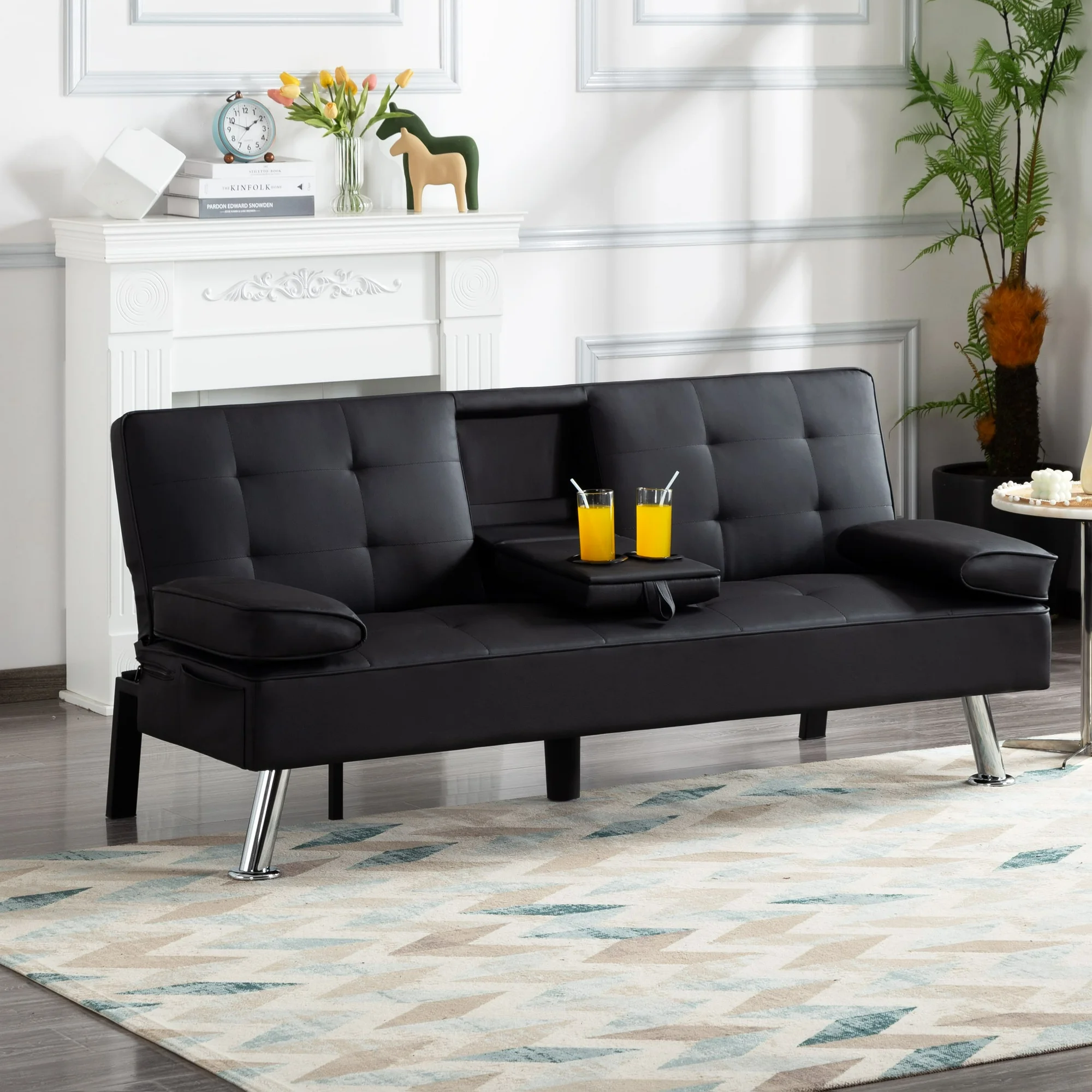 BSHTI Futon Convertible Sleeper Sofa Bed,With 3-Position Adjustable Backrest,Upholstered in PU Fabric,a Side Storage Pocket,Twin-Size Sleeper Sofa,Black