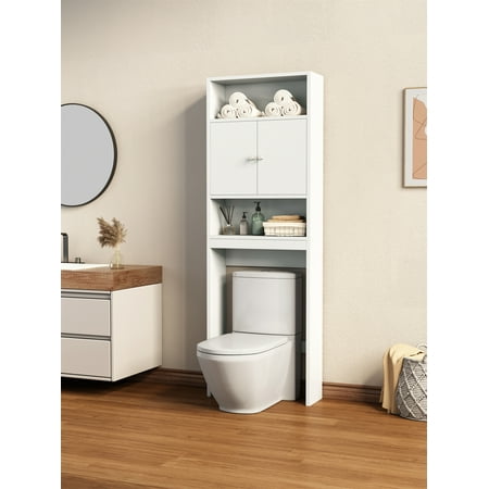 LANTRO JS Home Bathroom Shelf Over-The-Toilet  Bathroom SpaceSaver  Bathroom  Tollilet storage cabinet WHITE MDF BOARD